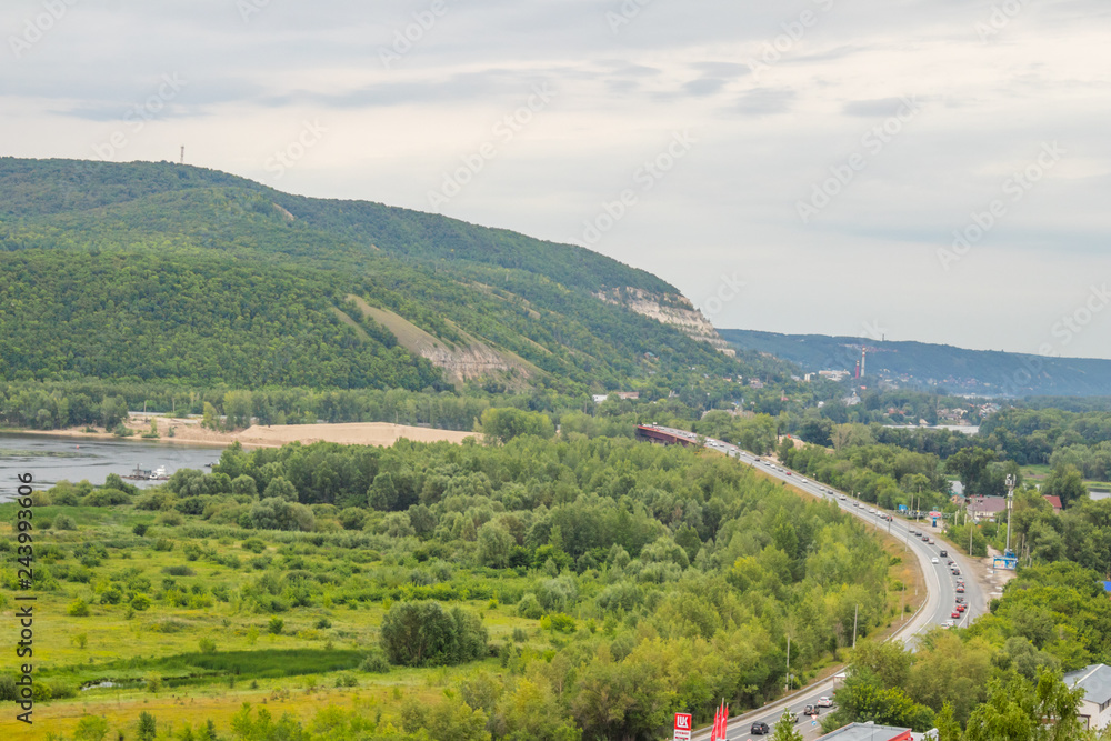 summer landscape, river, forest, village