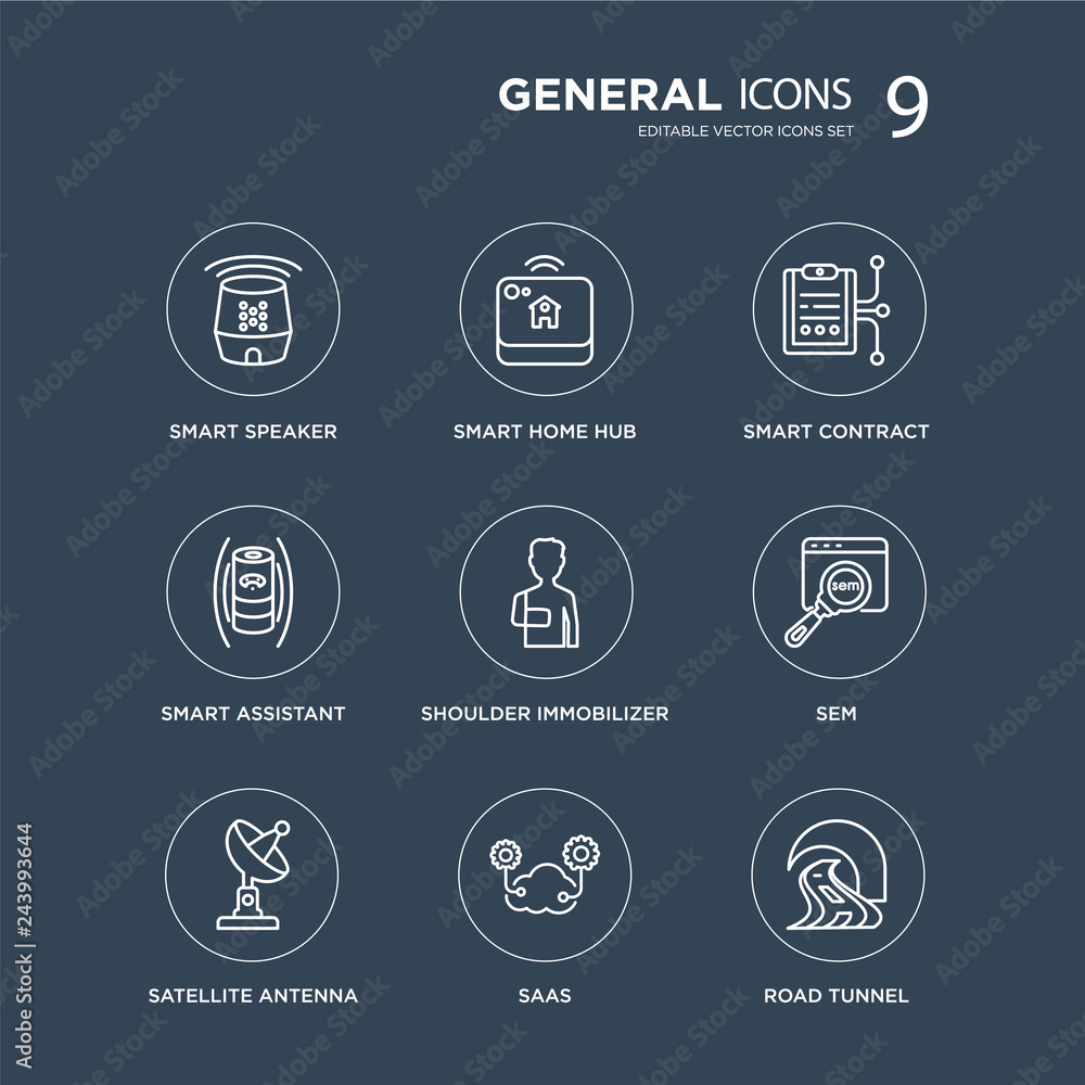 9 smart speaker, home hub, satellite antenna, sem, shoulder immobilizer, contract, assistant, saas modern icons on black background, vector illustration, eps10, trendy icon set.