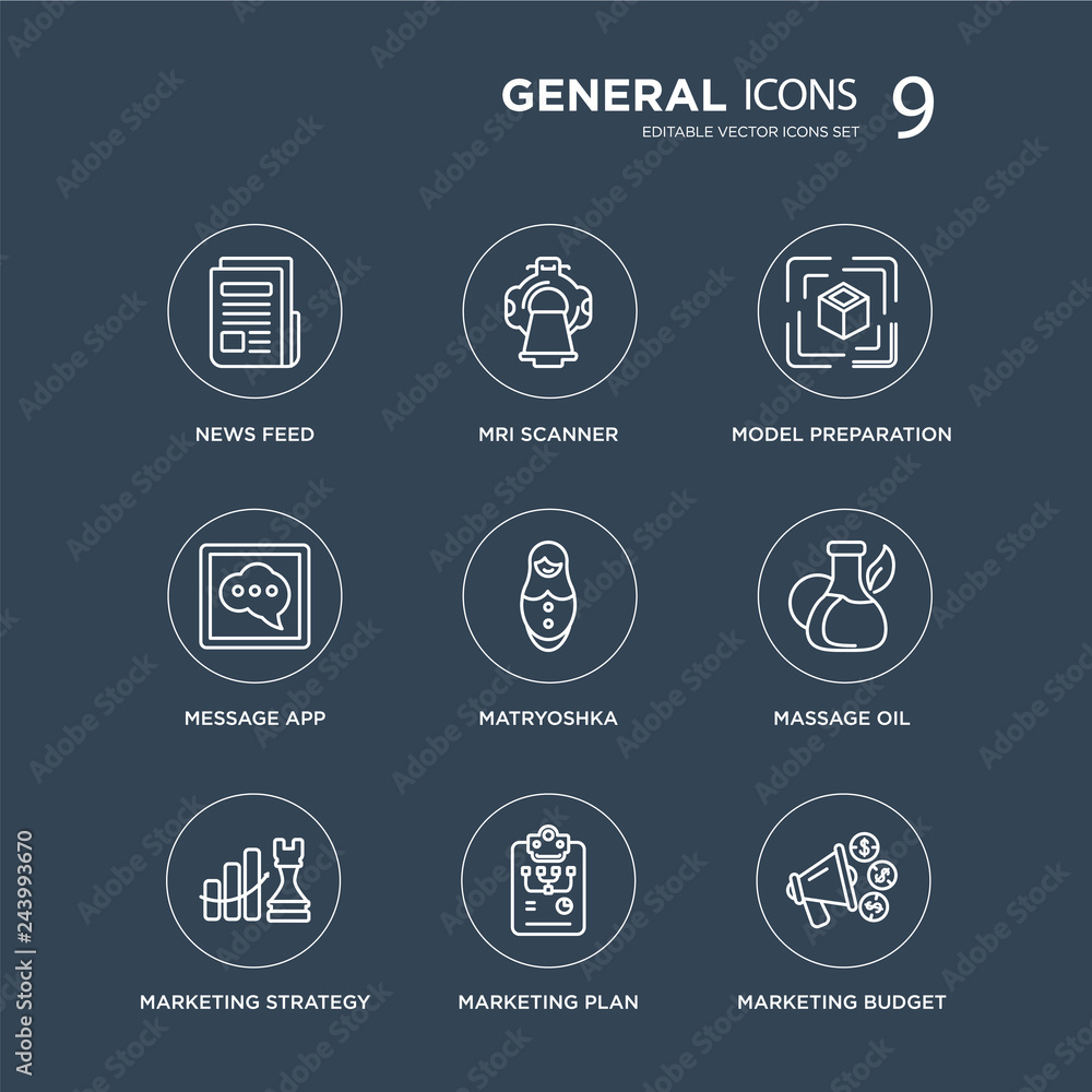 9 news feed, mri scanner, marketing strategy, massage oil, matryoshka, model preparation, message app, plan modern icons on black background, vector illustration, eps10, trendy icon set.