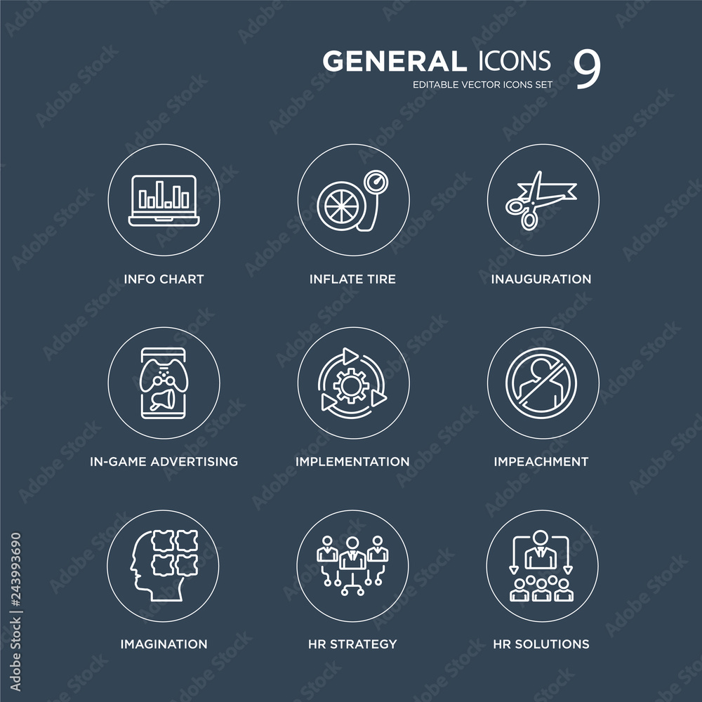 9 info chart, inflate tire, imagination, impeachment, implementation, inauguration, in-game advertising, hr strategy modern icons on black background, vector illustration, eps10, trendy icon set.