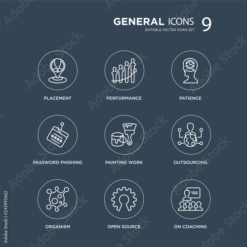 9 placement, performance, organism, outsourcing, painting work, patience, password phishing, open source modern icons on black background, vector illustration, eps10, trendy icon set.