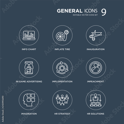 9 info chart, inflate tire, imagination, impeachment, implementation, inauguration, in-game advertising, hr strategy modern icons on black background, vector illustration, eps10, trendy icon set.