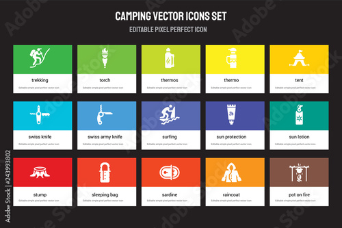 Set of 15 flat camping icons - Trekking, Torch, Sardine, Tent, Stump, Sun protection, lotion, Raincoat. Vector illustration isolated on colorful background