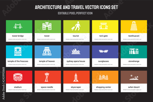 Set of 15 flat architecture and travel icons - Tower bridge, Tower, Skyscraper, Teotihuacan, Stadium, Sunglasses, Stonehenge, Shopping center. Vector illustration isolated on colorful background