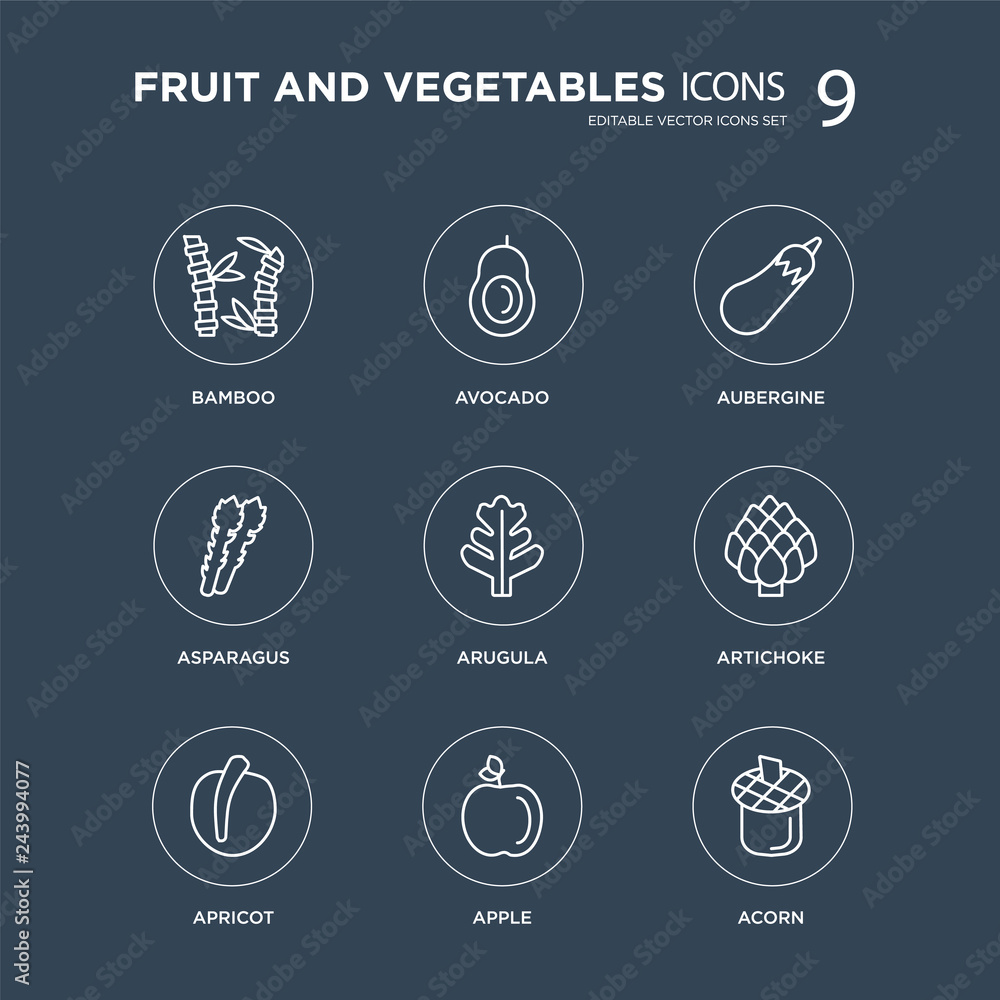 Fototapeta premium 9 Bamboo, Avocado, Apricot, Artichoke, Arugula, Aubergine, Asparagus, Apple modern icons on black background, vector illustration, eps10, trendy icon set.