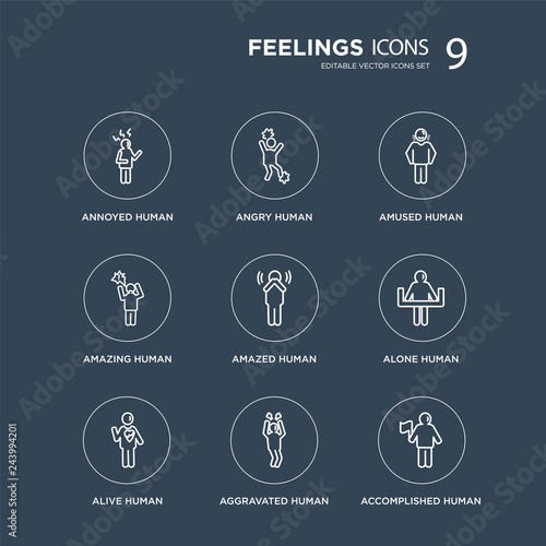 9 annoyed human, angry alive alone amazed amused amazing aggravated human modern icons on black background, vector illustration, eps10, trendy icon set.