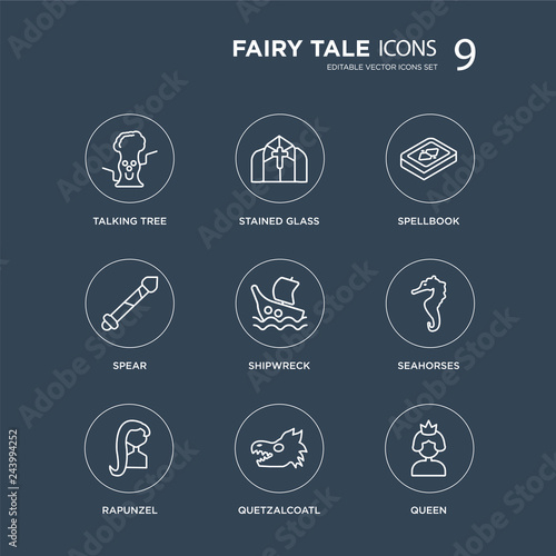 9 Talking tree, Stained glass, rapunzel, Seahorses, Shipwreck, Spellbook, Spear, Quetzalcoatl modern icons on black background, vector illustration, eps10, trendy icon set.