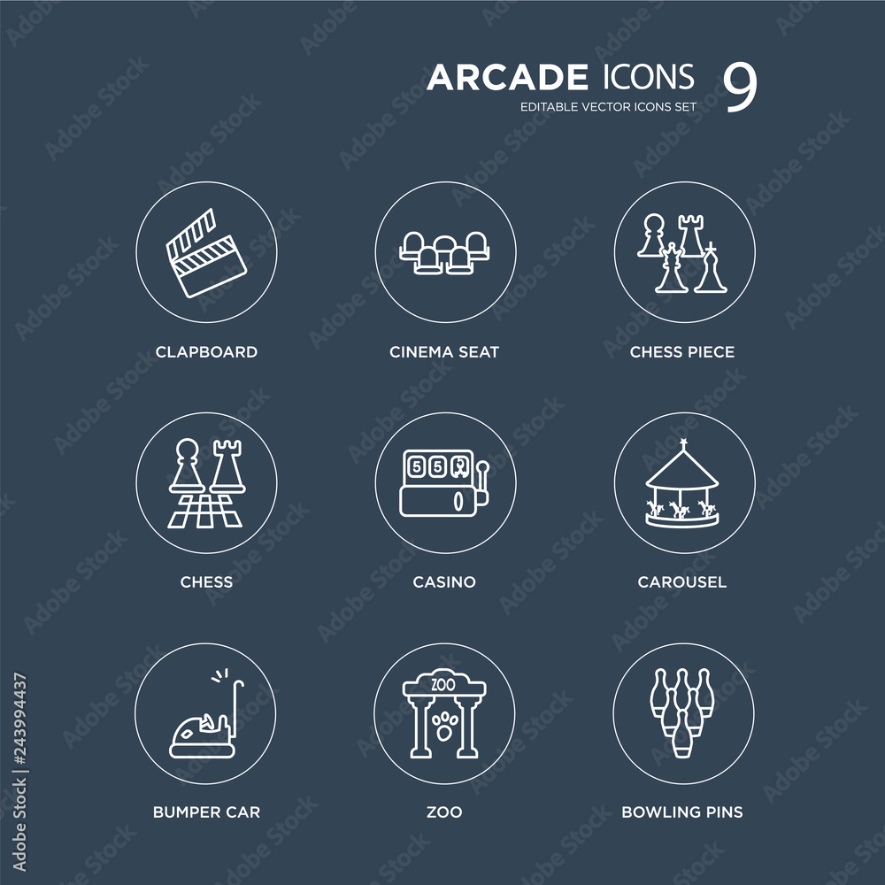 9 Clapboard, Cinema seat, Bumper car, Carousel, Casino, Chess piece, Chess, zoo modern icons on black background, vector illustration, eps10, trendy icon set.