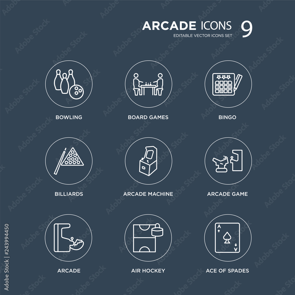 9 Bowling, Board games, Arcade, Arcade game, Machine, Bingo, Billiards, Air hockey modern icons on black background, vector illustration, eps10, trendy icon set. 9 Bowling, Board games, Arcade, Arcade game, Machine, Bingo, Billiards, Air hockey modern icons on black background, vector illustration, eps10, trendy icon set.