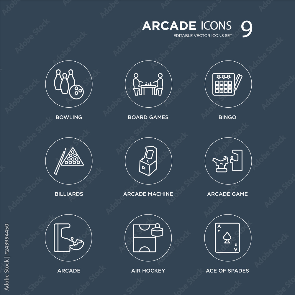 9 Bowling, Board games, Arcade, Arcade game, Machine, Bingo, Billiards, Air hockey modern icons on black background, vector illustration, eps10, trendy icon set.