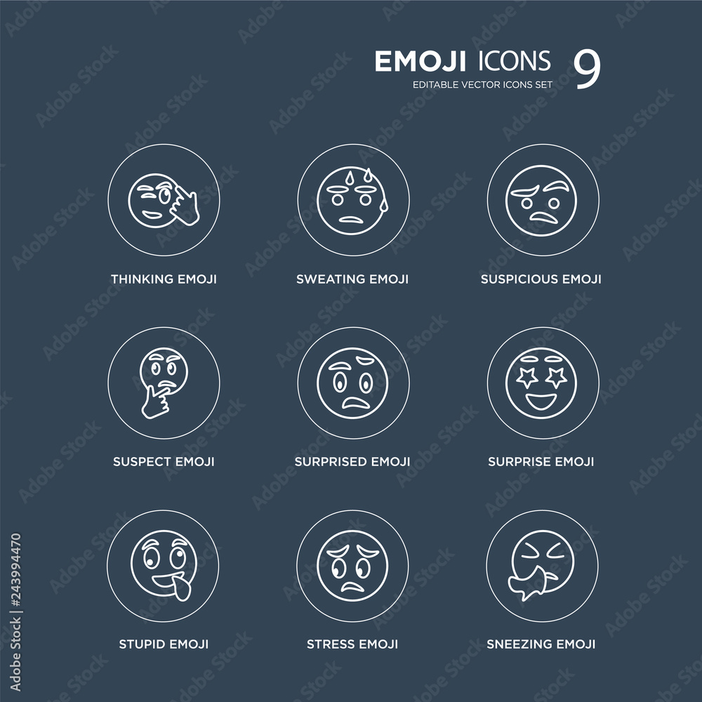 9 Thinking emoji, Sweating Stupid Surprise Surprised Suspicious emoji modern icons on black background, vector illustration, eps10, trendy icon set.