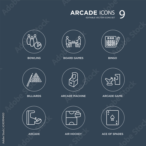 9 Bowling, Board games, Arcade, Arcade game, Machine, Bingo, Billiards, Air hockey modern icons on black background, vector illustration, eps10, trendy icon set.