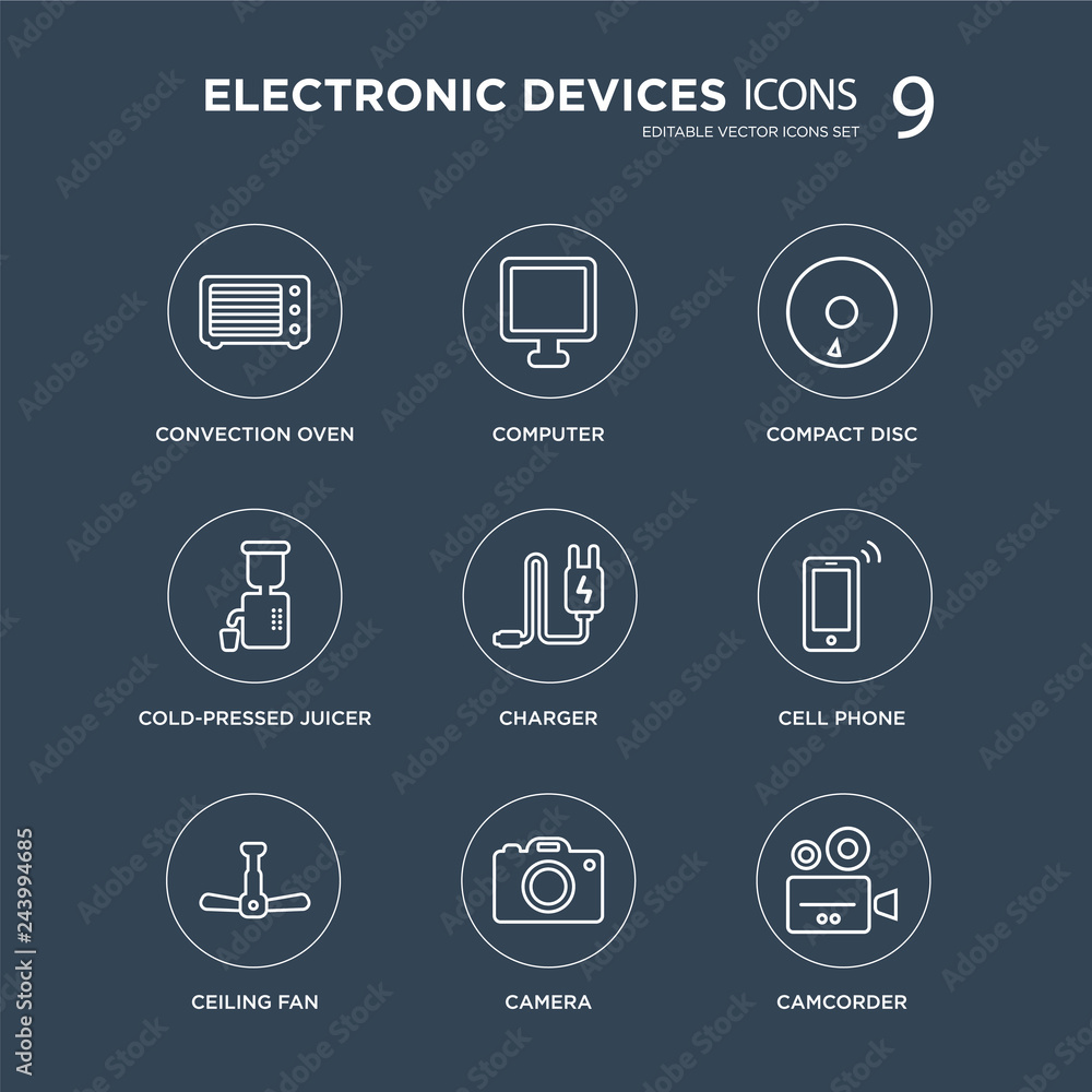 9 convection oven, Computer, ceiling fan, cell phone, Charger, Compact disc, Cold-pressed juicer, Camera modern icons on black background, vector illustration, eps10, trendy icon set. 9 convection oven, Computer, ceiling fan, cell phone, Charger, Compact disc, Cold-pressed juicer, Camera modern icons on black background, vector illustration, eps10, trendy icon set.