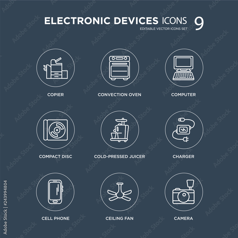 9 copier, convection oven, cell phone, Charger, Cold-pressed juicer, Computer, Compact disc, ceiling fan modern icons on black background, vector illustration, eps10, trendy icon set. 9 copier, convection oven, cell phone, Charger, Cold-pressed juicer, Computer, Compact disc, ceiling fan modern icons on black background, vector illustration, eps10, trendy icon set.