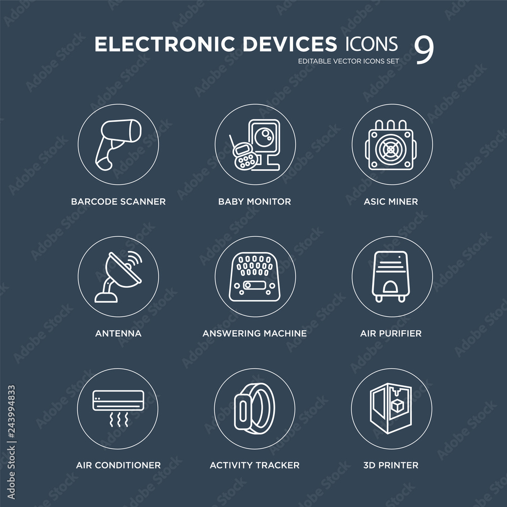 9 Barcode scanner, baby monitor, Air conditioner, purifier, answering machine, asic miner, Antenna, Activity tracker modern icons on black background, vector illustration, eps10, trendy icon set. 9 Barcode scanner, baby monitor, Air conditioner, purifier, answering machine, asic miner, Antenna, Activity tracker modern icons on black background, vector illustration, eps10, trendy icon set.