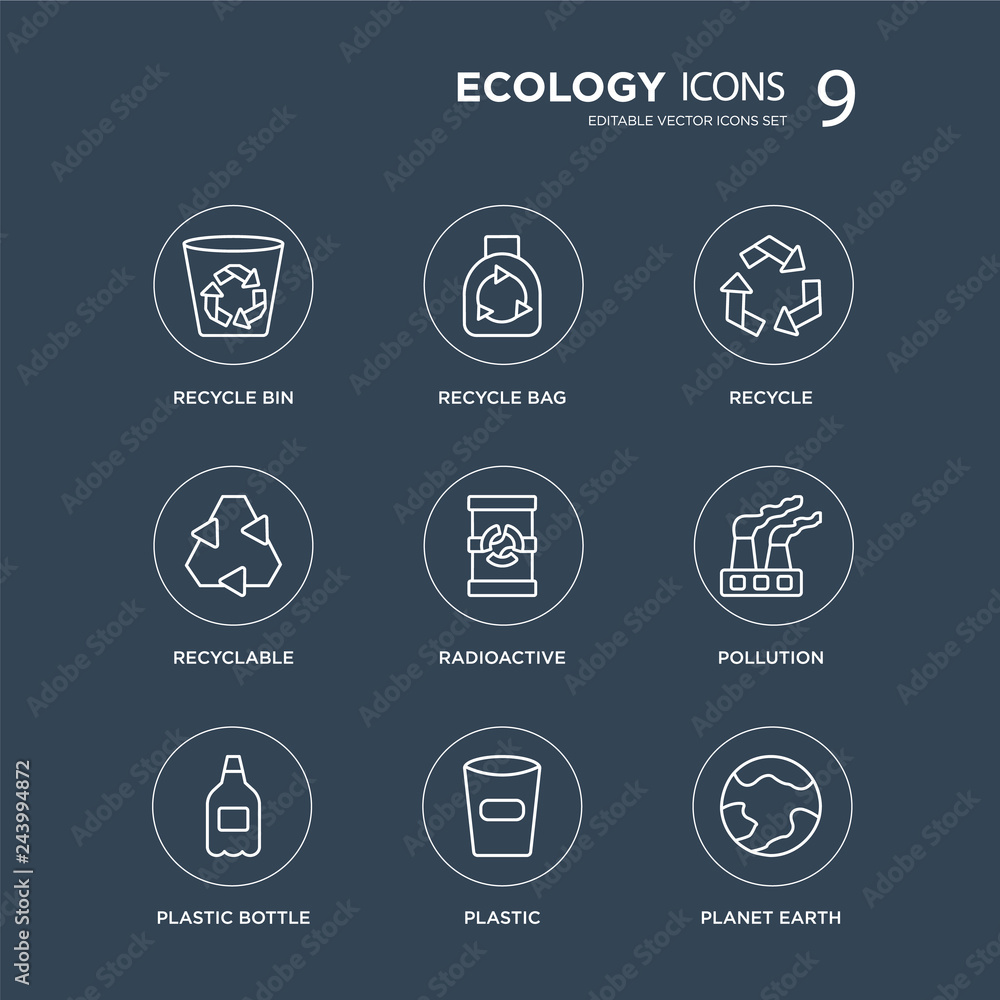 9 Recycle bin, bag, Plastic bottle, Pollution, Radioactive, Recycle, Recyclable, modern icons on black background, vector illustration, eps10, trendy icon set. 9 Recycle bin, bag, Plastic bottle, Pollution, Radioactive, Recycle, Recyclable, modern icons on black background, vector illustration, eps10, trendy icon set.
