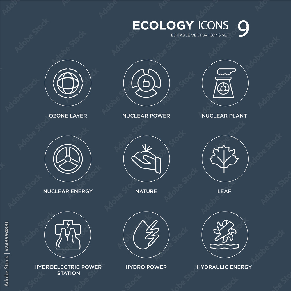 9 Ozone layer, Nuclear power, Hydroelectric power station, Leaf, Nature, plant, energy, Hydro modern icons on black background, vector illustration, eps10, trendy icon set.