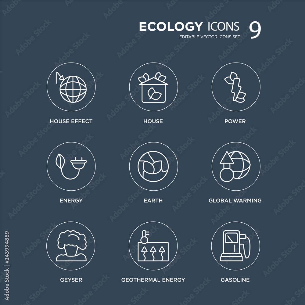 9 house effect, house, Geyser, Global warming, earth, power, energy, Geothermal Energy modern icons on black background, vector illustration, eps10, trendy icon set.