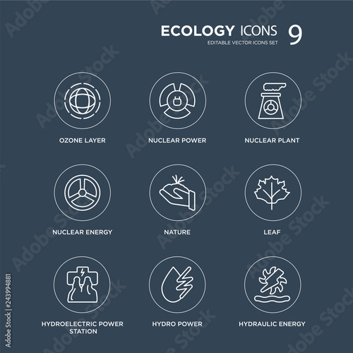 9 Ozone layer, Nuclear power, Hydroelectric power station, Leaf, Nature, plant, energy, Hydro modern icons on black background, vector illustration, eps10, trendy icon set.