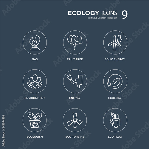 9 Gas, Fruit tree, Ecologism, Ecology, Energy, Eolic energy, Environment, eco Turbine modern icons on black background, vector illustration, eps10, trendy icon set.