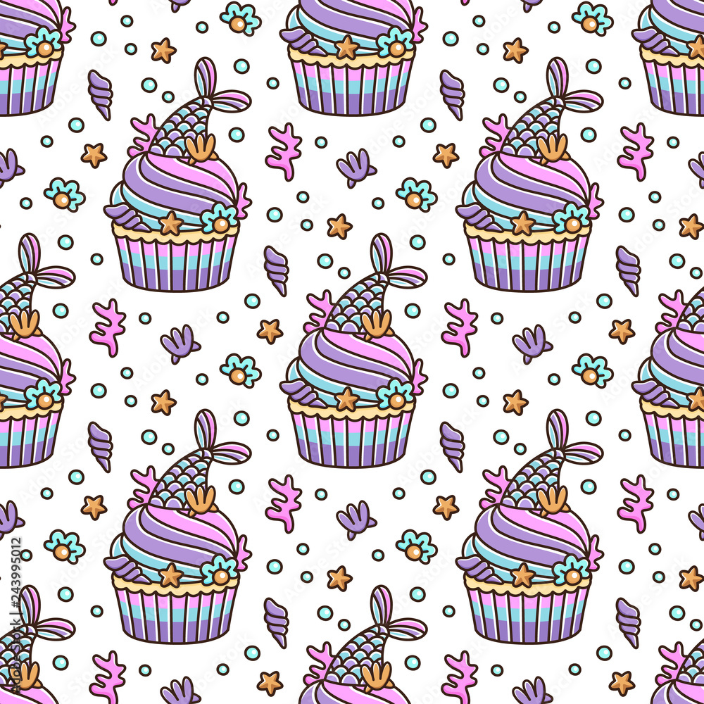 Seamless pattern with cupcake with mermaid tail, and with pearl, shell, coral, starfish. It can be used for packaging, wrapping paper, textile and etc. Seamless pattern with cupcake with mermaid tail, and with pearl, shell, coral, starfish. It can be used for packaging, wrapping paper, textile and etc.