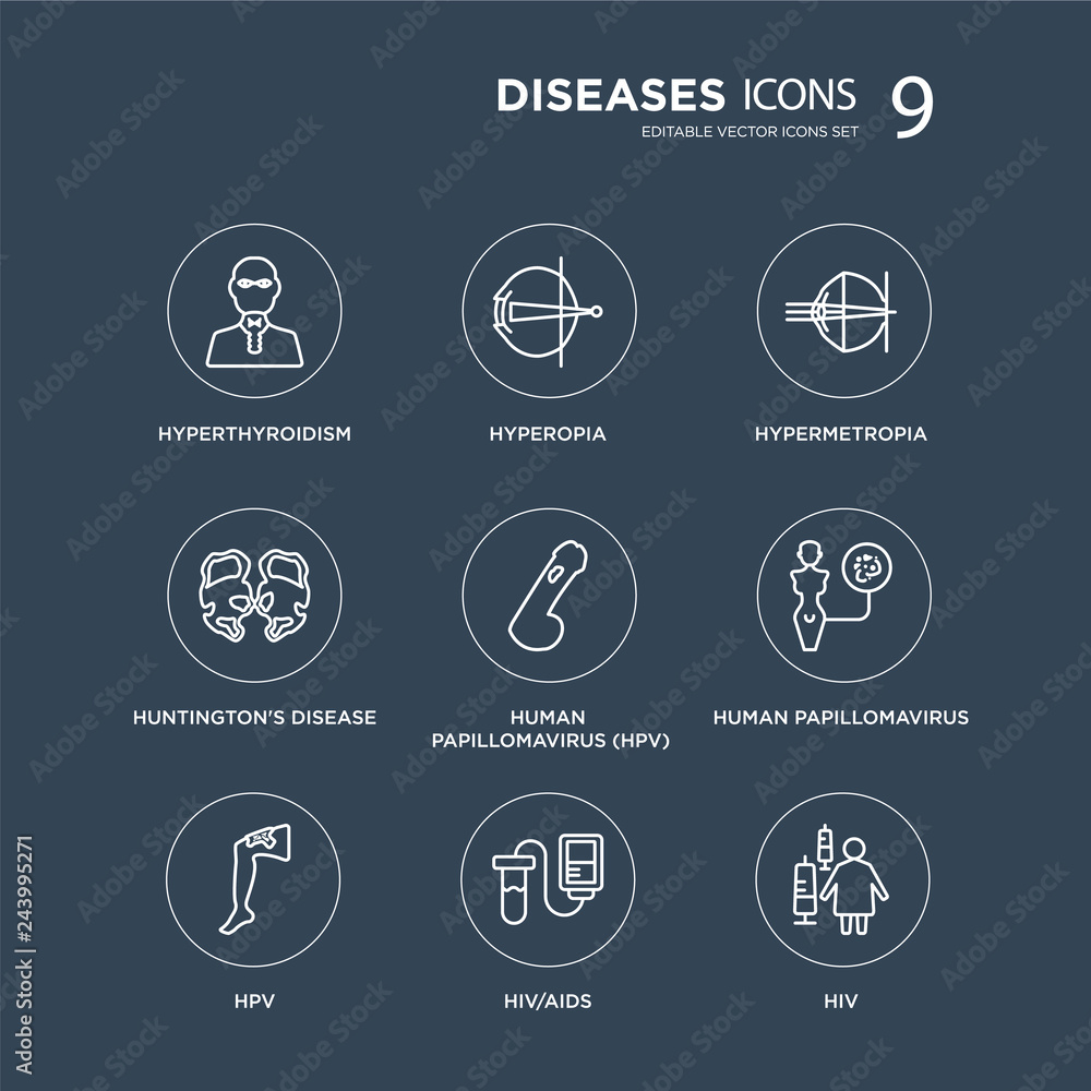 9 Hyperthyroidism, Hyperopia, HPV, Human papillomavirus, papillomavirus (HPV), Hypermetropia modern icons on black background, vector illustration, eps10, trendy icon set. 9 Hyperthyroidism, Hyperopia, HPV, Human papillomavirus, papillomavirus (HPV), Hypermetropia modern icons on black background, vector illustration, eps10, trendy icon set.