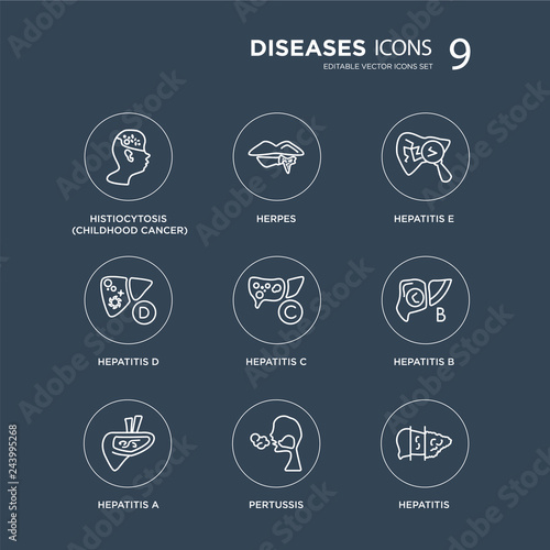 9 Histiocytosis (Childhood Cancer), Herpes, Hepatitis A, B, C, E, D, Pertussis modern icons on black background, vector illustration, eps10, trendy icon set.