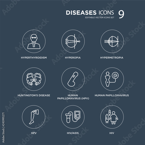 9 Hyperthyroidism, Hyperopia, HPV, Human papillomavirus, papillomavirus (HPV), Hypermetropia modern icons on black background, vector illustration, eps10, trendy icon set.