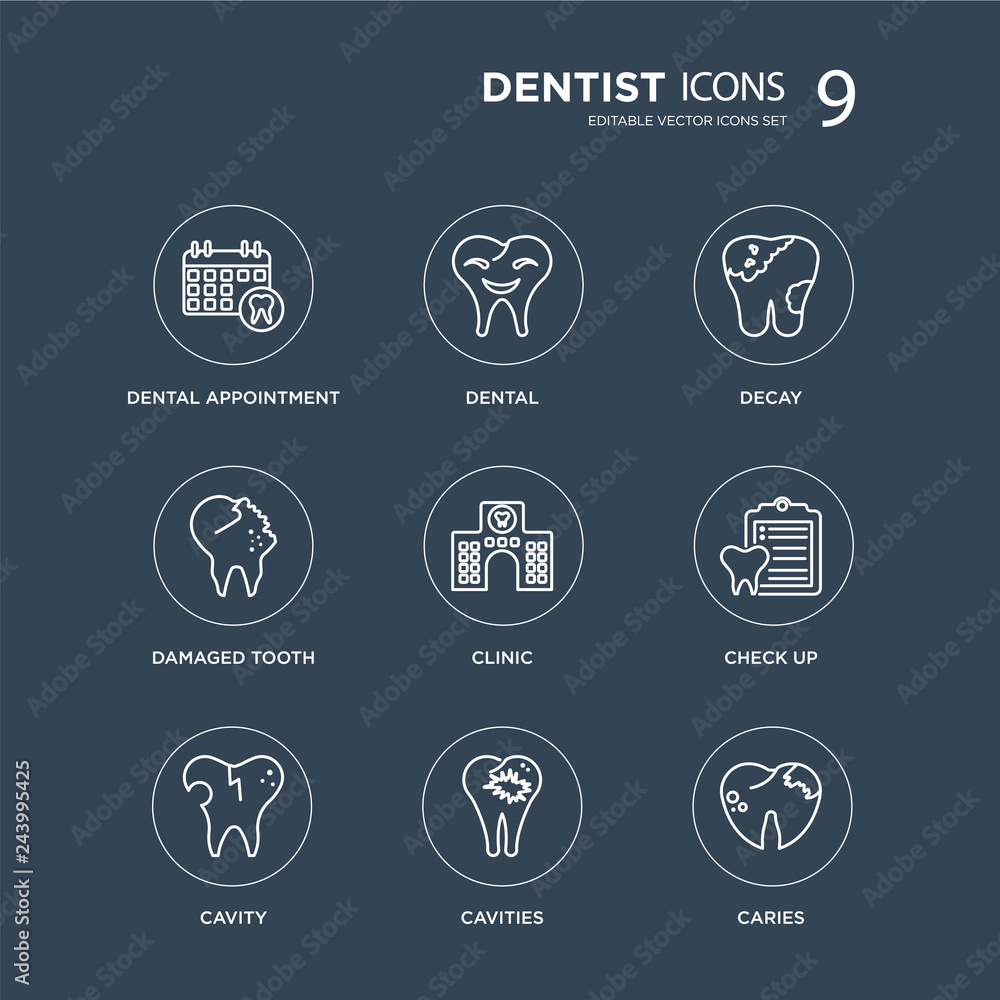 9 Dental Appointment, Dental, Cavity, Check up, Clinic, Decay, Damaged tooth, Cavities modern icons on black background, vector illustration, eps10, trendy icon set. 9 Dental Appointment, Dental, Cavity, Check up, Clinic, Decay, Damaged tooth, Cavities modern icons on black background, vector illustration, eps10, trendy icon set.