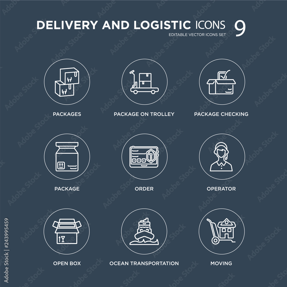 9 Packages, Package On Trolley, Open box, Operator, Order, checking, Package, Ocean transportation modern icons on black background, vector illustration, eps10, trendy icon set. 9 Packages, Package On Trolley, Open box, Operator, Order, checking, Package, Ocean transportation modern icons on black background, vector illustration, eps10, trendy icon set.