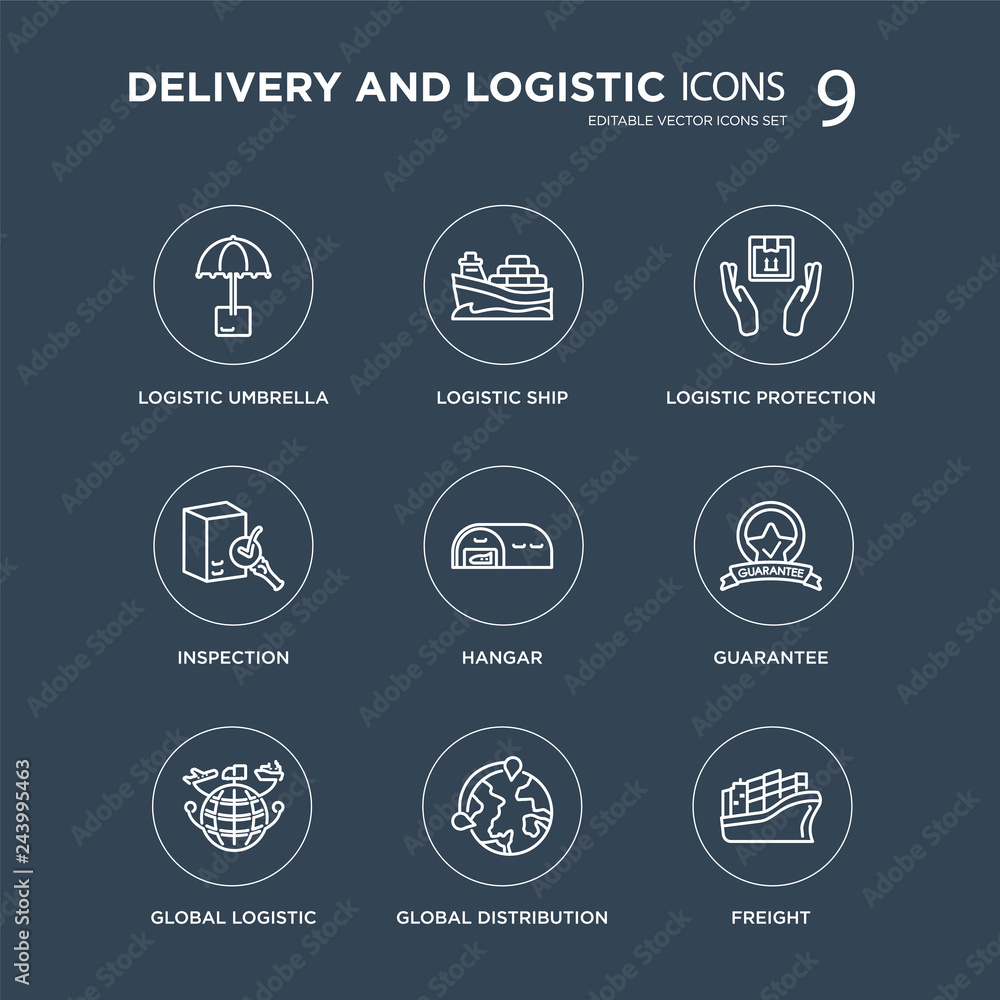 9 Logistic Umbrella, Ship, Global Logistic, Guarantee, Hangar, Protection modern icons on black background, vector illustration, eps10, trendy icon set.