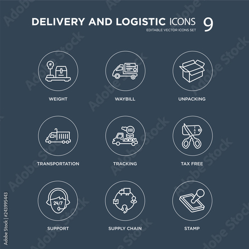 9 Weight, waybill, Support, Tax free, Tracking, Unpacking, Transportation, Supply chain modern icons on black background, vector illustration, eps10, trendy icon set.