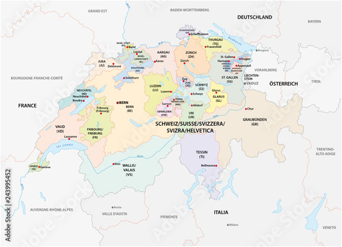 administrative and political vector map of switzerland