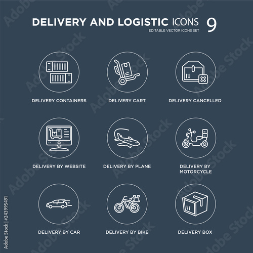 9 delivery containers, Delivery cart, by car, Motorcycle, Plane, cancelled modern icons on black background, vector illustration, eps10, trendy icon set.