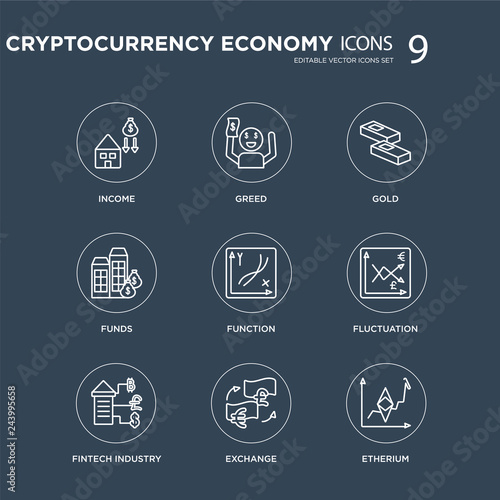 9 Income, Greed, fintech industry, Fluctuation, Function, Gold, Funds, Exchange modern icons on black background, vector illustration, eps10, trendy icon set.