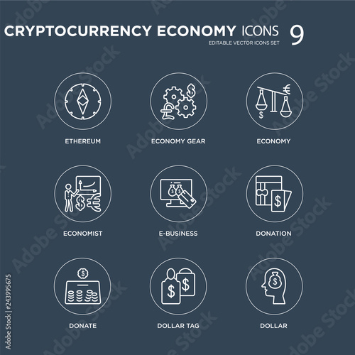 9 Ethereum, economy Gear, Donate, Donation, e-business, Economy, Economist, Dollar tag modern icons on black background, vector illustration, eps10, trendy icon set.