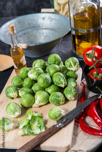close-up of Brussels sprouts on wooden plate