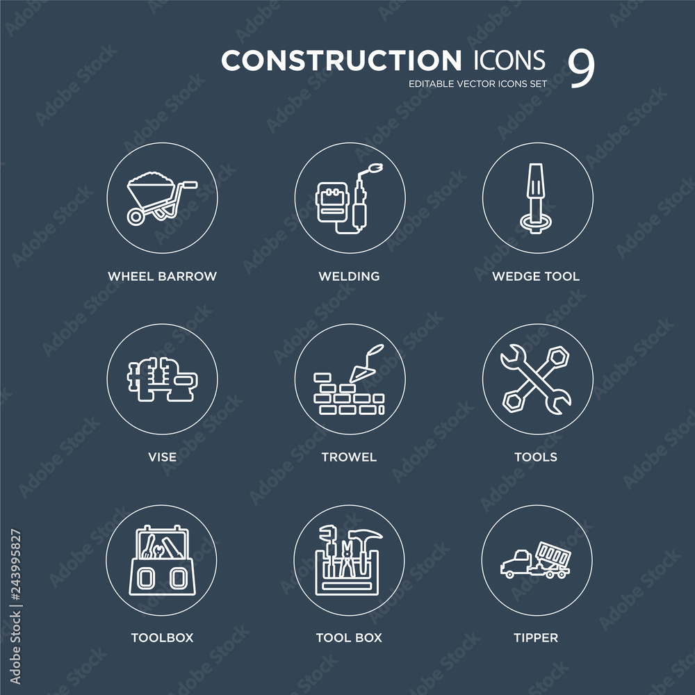 9 Wheel barrow, Welding, Toolbox, Tools, Trowel, Wedge tool, Vise, Tool box modern icons on black background, vector illustration, eps10, trendy icon set. 9 Wheel barrow, Welding, Toolbox, Tools, Trowel, Wedge tool, Vise, Tool box modern icons on black background, vector illustration, eps10, trendy icon set.