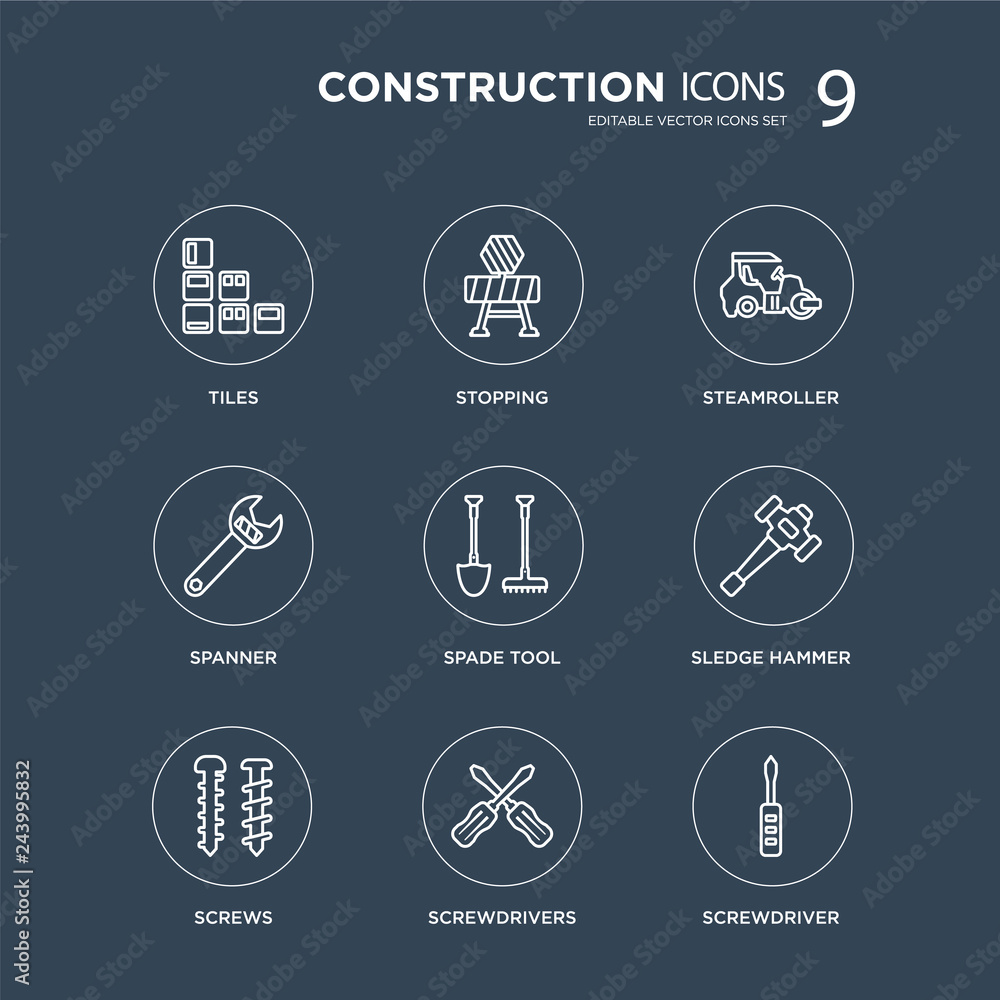 9 Tiles, Stopping, Screws, Sledge hammer, Spade tool, Steamroller, Spanner, Screwdrivers modern icons on black background, vector illustration, eps10, trendy icon set. 9 Tiles, Stopping, Screws, Sledge hammer, Spade tool, Steamroller, Spanner, Screwdrivers modern icons on black background, vector illustration, eps10, trendy icon set.