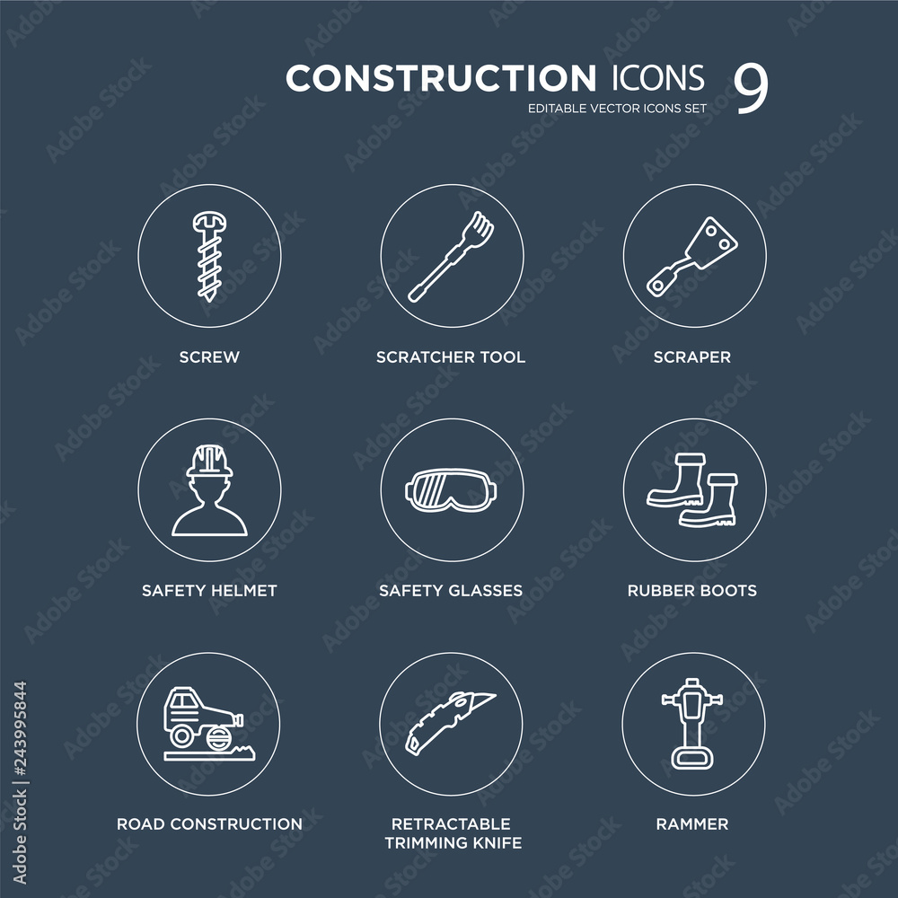 9 Screw, Scratcher tool, road construction, Rubber Boots, Safety glasses, Scraper modern icons on black background, vector illustration, eps10, trendy icon set. 9 Screw, Scratcher tool, road construction, Rubber Boots, Safety glasses, Scraper modern icons on black background, vector illustration, eps10, trendy icon set.