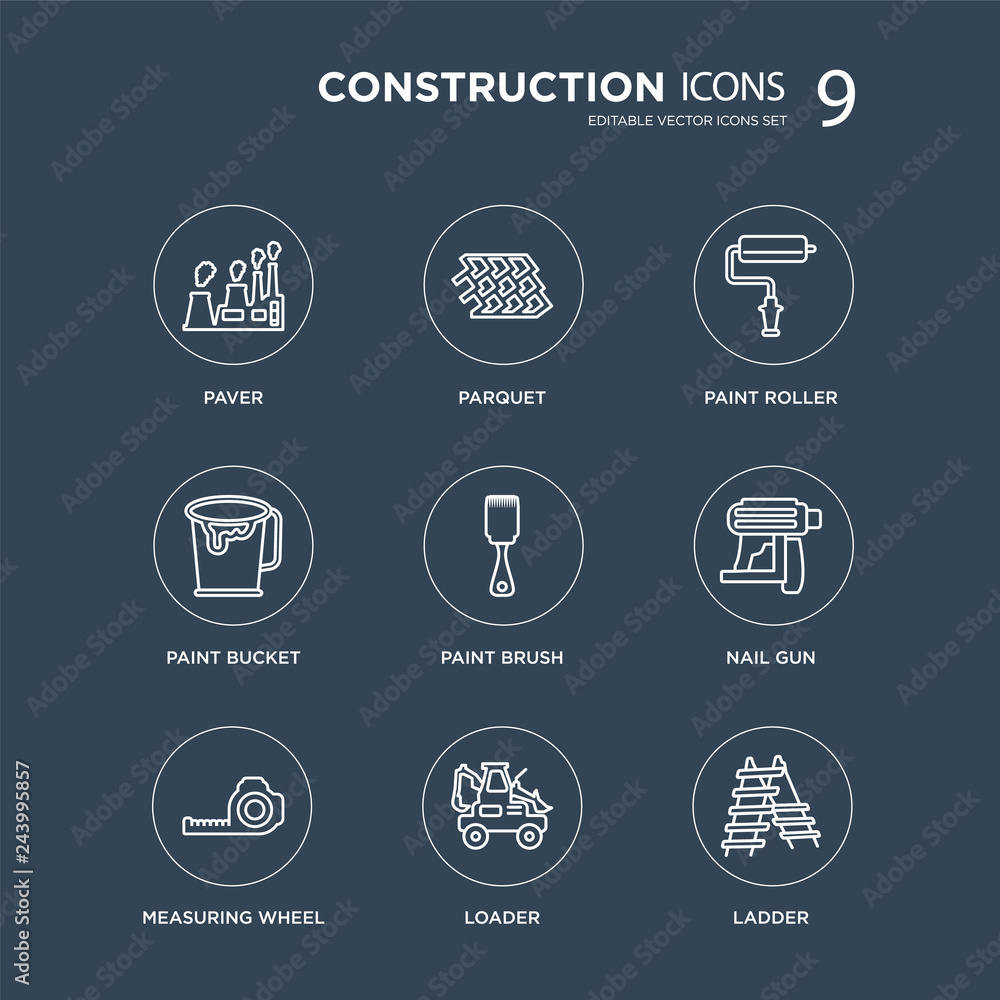 9 Paver, Parquet, Measuring wheel, Nail gun, Paint brush, roller, bucket, Loader modern icons on black background, vector illustration, eps10, trendy icon set. 9 Paver, Parquet, Measuring wheel, Nail gun, Paint brush, roller, bucket, Loader modern icons on black background, vector illustration, eps10, trendy icon set.