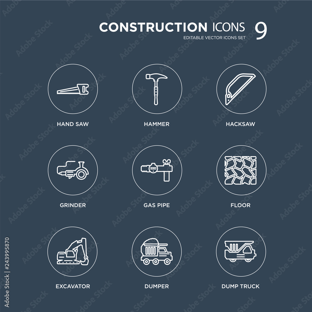 9 Hand saw, Hammer, Excavator, Floor, Gas pipe, Hacksaw, Grinder, Dumper modern icons on black background, vector illustration, eps10, trendy icon set. 9 Hand saw, Hammer, Excavator, Floor, Gas pipe, Hacksaw, Grinder, Dumper modern icons on black background, vector illustration, eps10, trendy icon set.