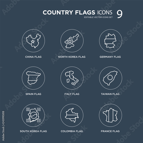 9 China flag, North Korea South Taiwan Italy Germany Spain Colombia flag modern icons on black background, vector illustration, eps10, trendy icon set.