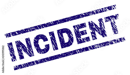 INCIDENT seal print with scratced style. Blue vector rubber print of INCIDENT label with unclean texture. Text label is placed between parallel lines.
