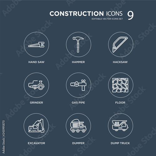 9 Hand saw, Hammer, Excavator, Floor, Gas pipe, Hacksaw, Grinder, Dumper modern icons on black background, vector illustration, eps10, trendy icon set.
