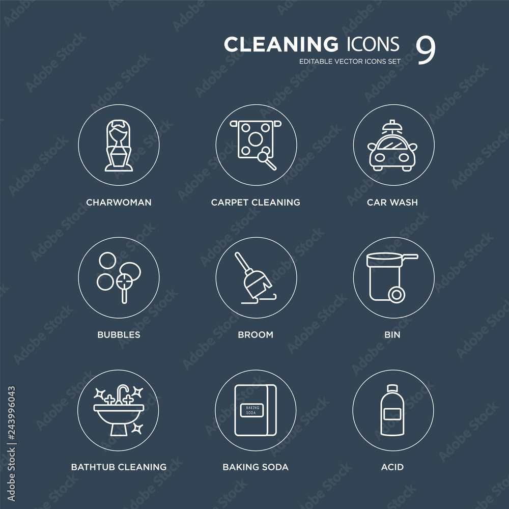 9 Charwoman, Carpet cleaning, Bathtub Bin, Broom, Car wash, Bubbles, baking soda modern icons on black background, vector illustration, eps10, trendy icon set.