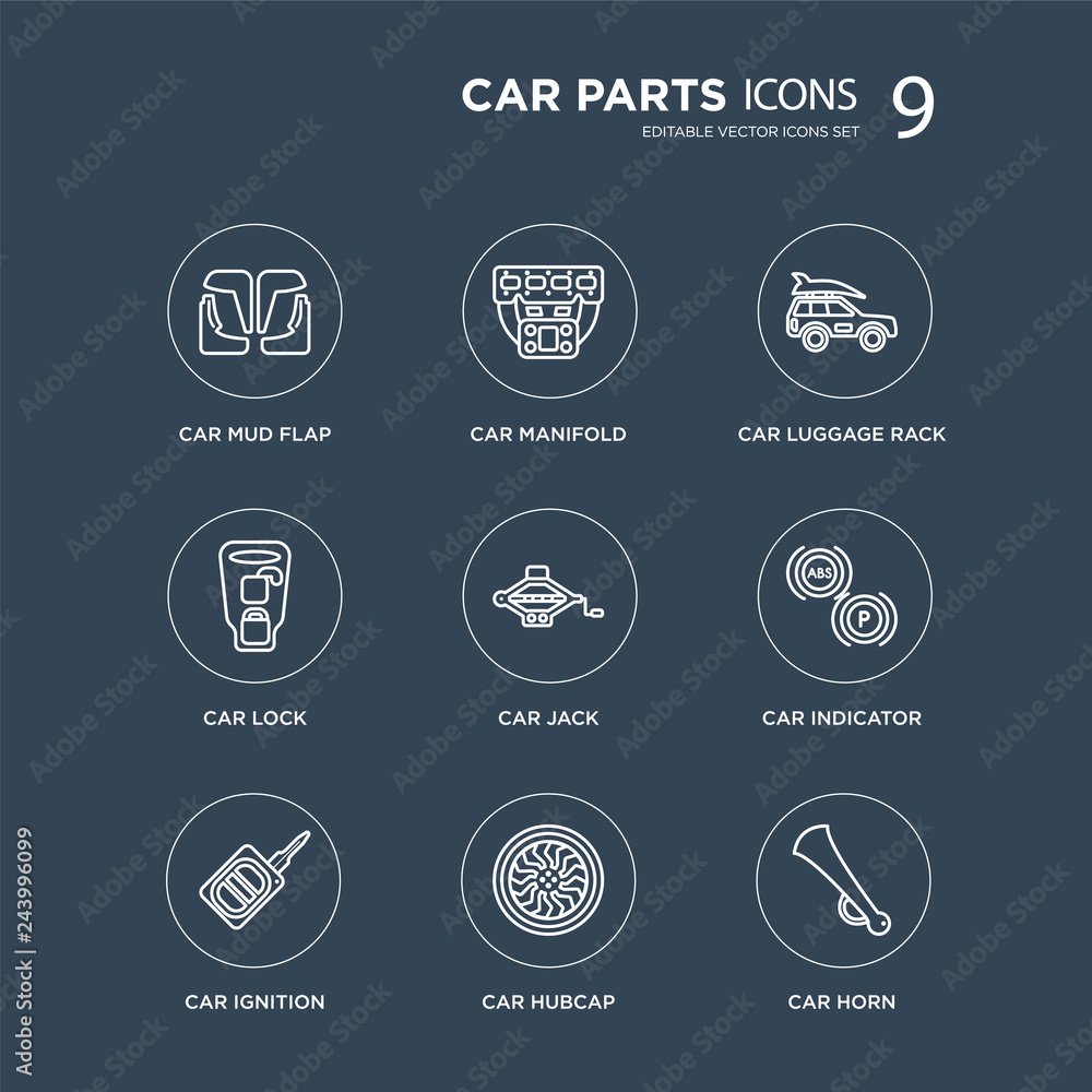 9 car mud flap, manifold, ignition, indicator, jack, luggage rack, lock, hubcap modern icons on black background, vector illustration, eps10, trendy icon set.