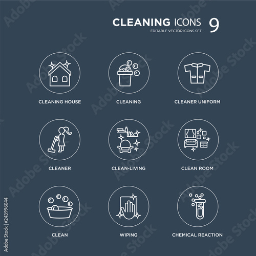 9 Cleaning House, Cleaning, Clean, Clean Room, clean-living, Cleaner Uniform, Cleaner, Wiping modern icons on black background, vector illustration, eps10, trendy icon set.