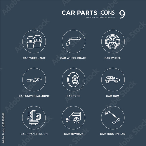 9 car wheel nut, brace, transmission, trim, tyre, wheel, universal joint, towbar modern icons on black background, vector illustration, eps10, trendy icon set.
