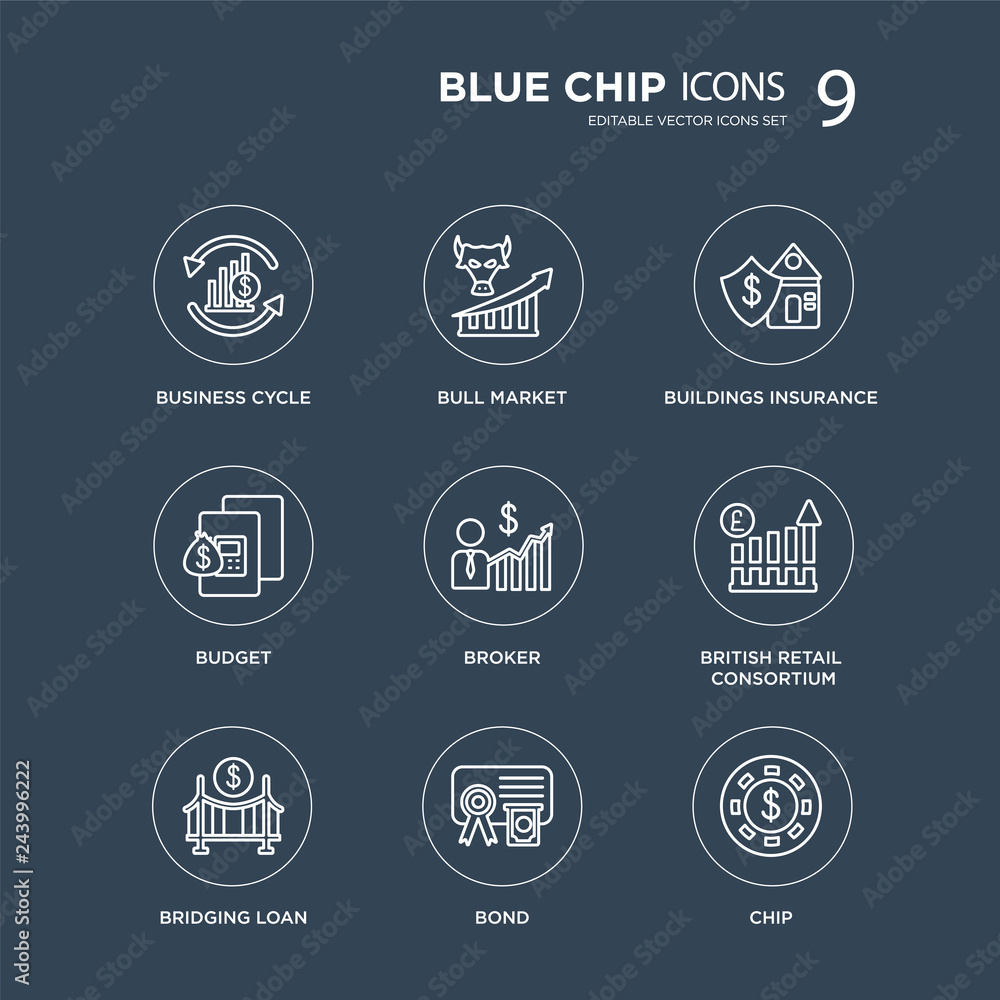 Obraz premium 9 Business cycle, Bull market, Bridging loan, British Retail Consortium, Broker, Buildings insurance, Budget, Bond modern icons on black background, vector illustration, eps10, trendy icon set.